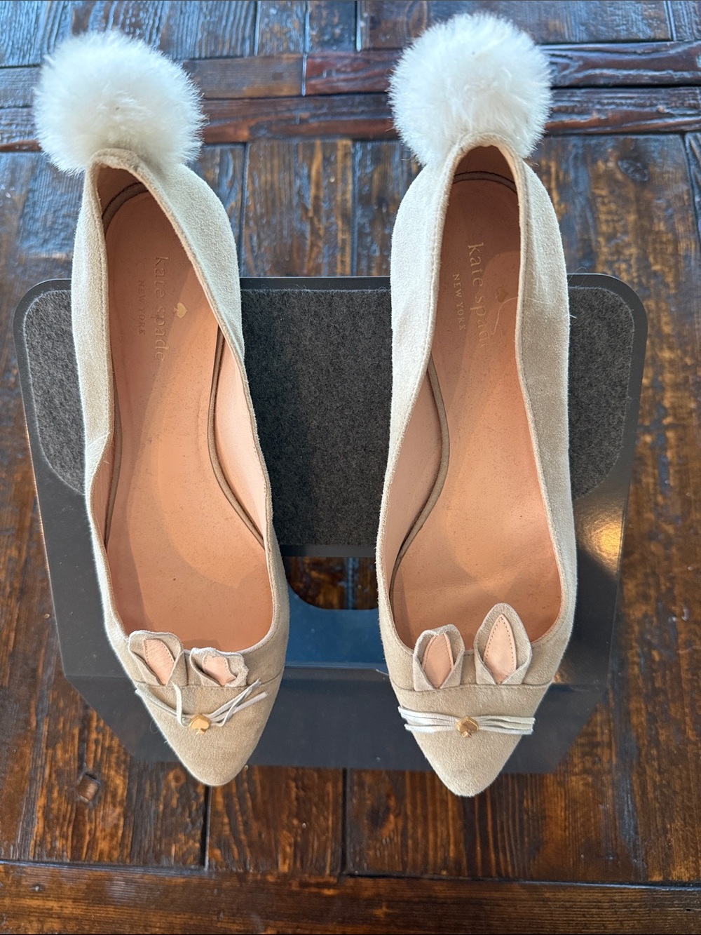 kate spade Cream Suede Pom-Pom Pointed Toe Flats with Bow Detail
